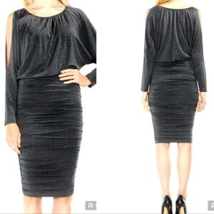 Vince Camuto Size 1X Gray Jersey Knit Blouson Ruched Midi Dress Sexy Slit Sleeve
